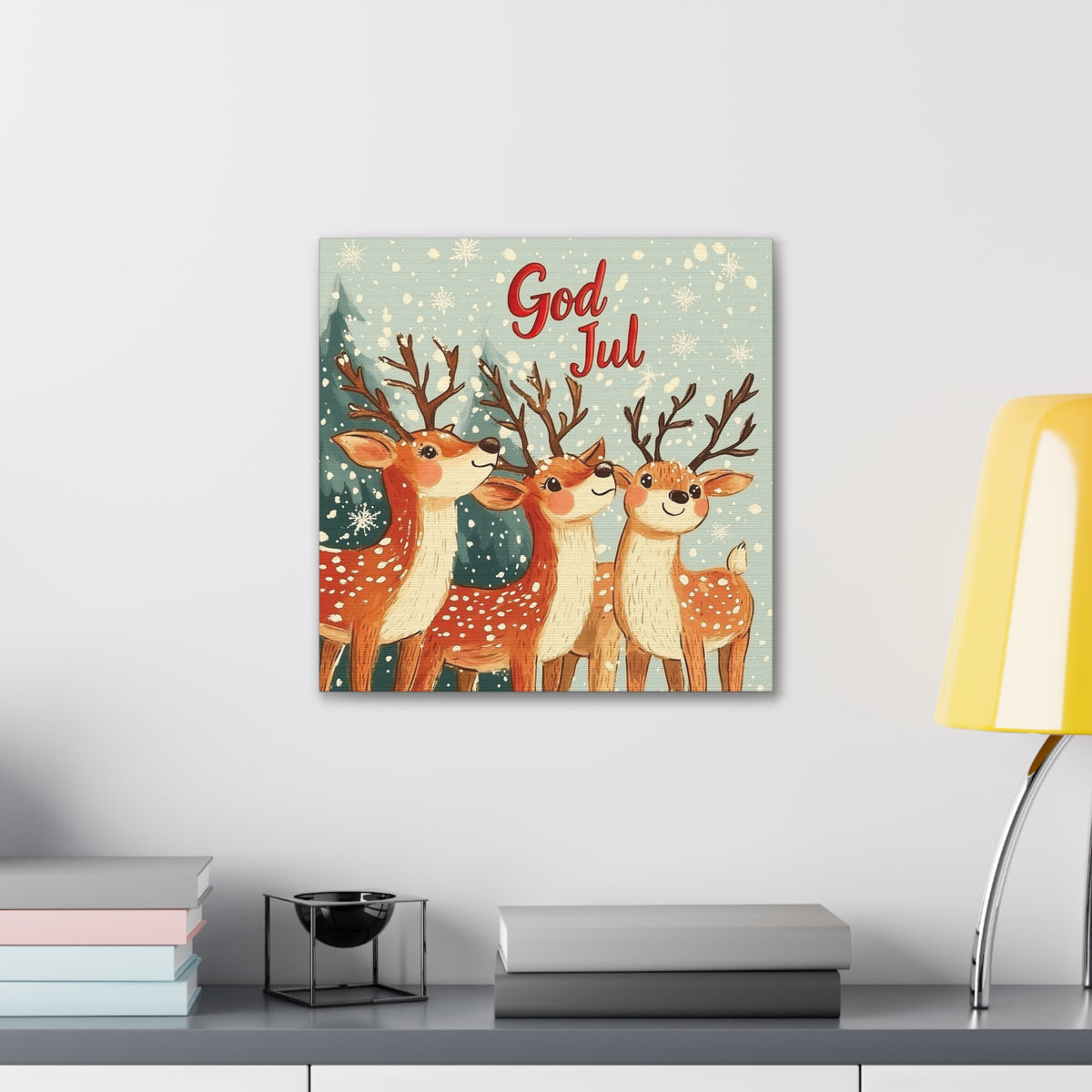 God Jul Scandinavian Christmas Reindeer Wall Art | Nordic Christmas Gift Home Decor  | Farmhouse Wall Art | Square Canvas Gallery Art