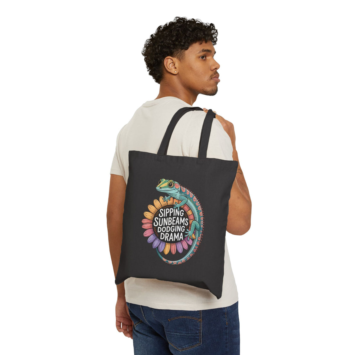 Sipping Sunbeams Cute Gecko Sunflower Tote | Positive Vibes Summer Gift Bag | Cotton Canvas Tote Bag