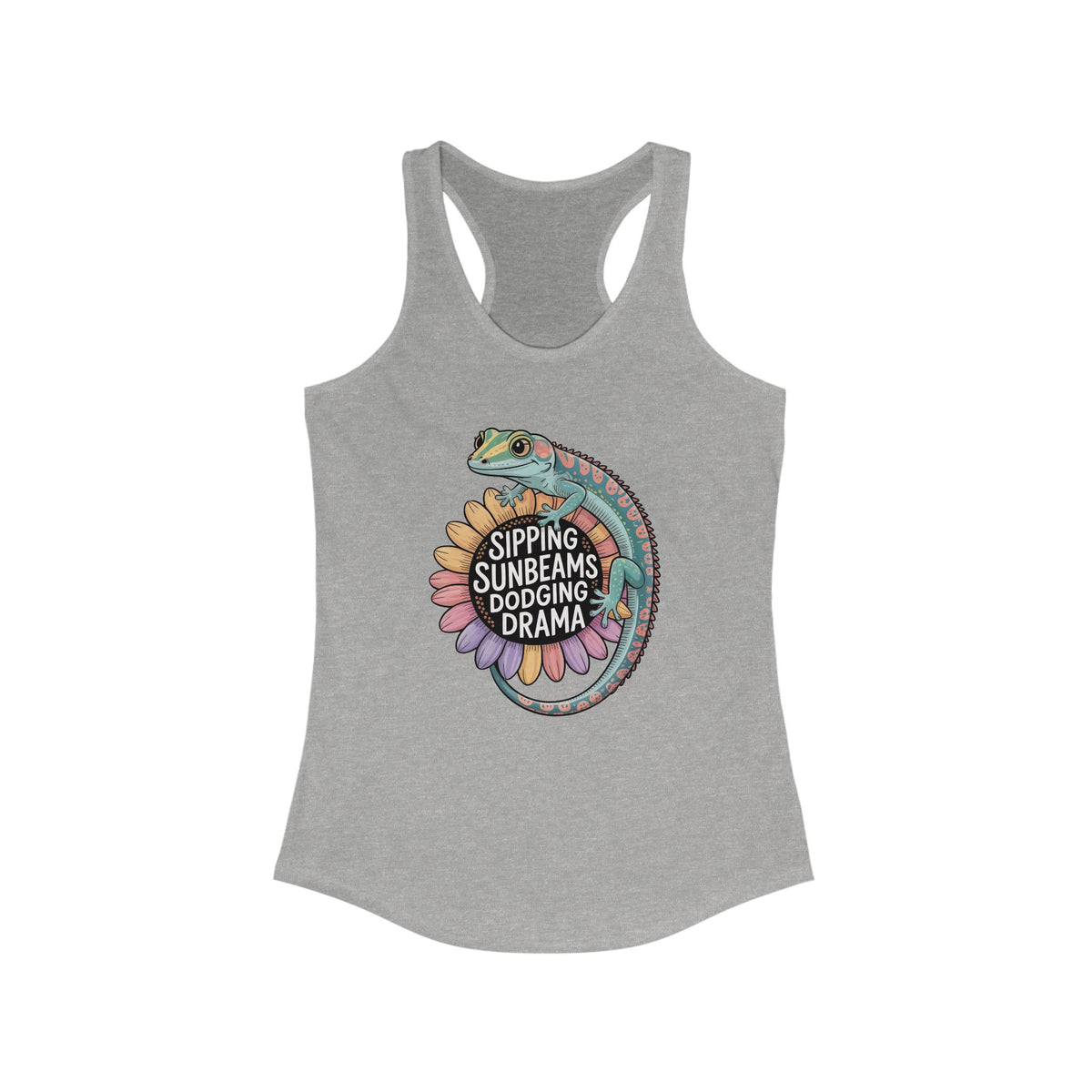 Sipping Sunbeams Cute Gecko Sunflower Shirt | Positive Vibes Summer Shirt | Women's Slim Fit Ideal Racerback Tank