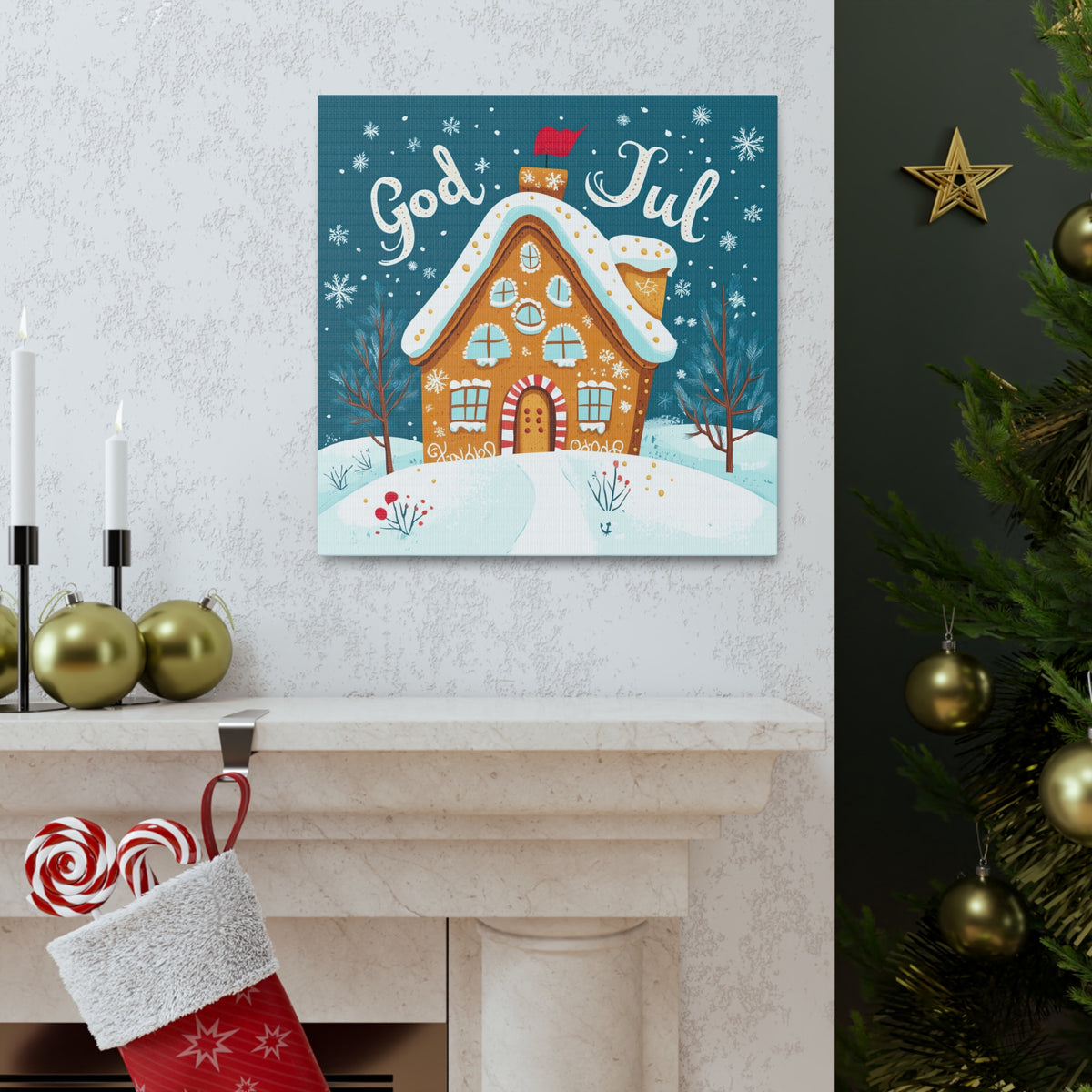 God Jul Scandinavian Christmas Gingerbread House Wall Art | Nordic Christmas Gift Home Decor | Square Canvas Gallery Art