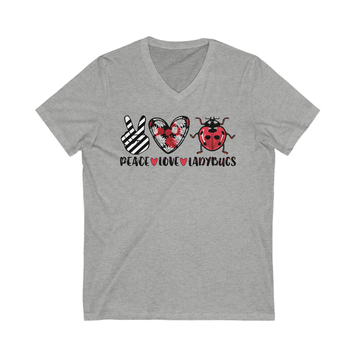 Peace Love Ladybug Gifts,  Insect Shirt, Lady Bug Nature Shirt, Unisex Jersey V-neck T-shirt