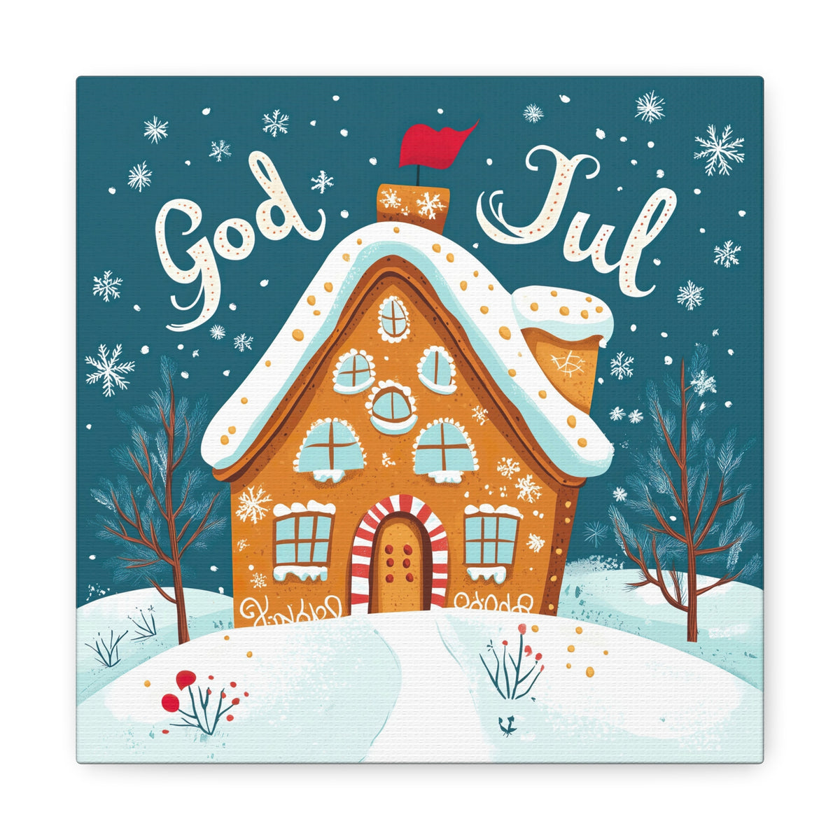 God Jul Scandinavian Christmas Gingerbread House Wall Art | Nordic Christmas Gift Home Decor | Square Canvas Gallery Art