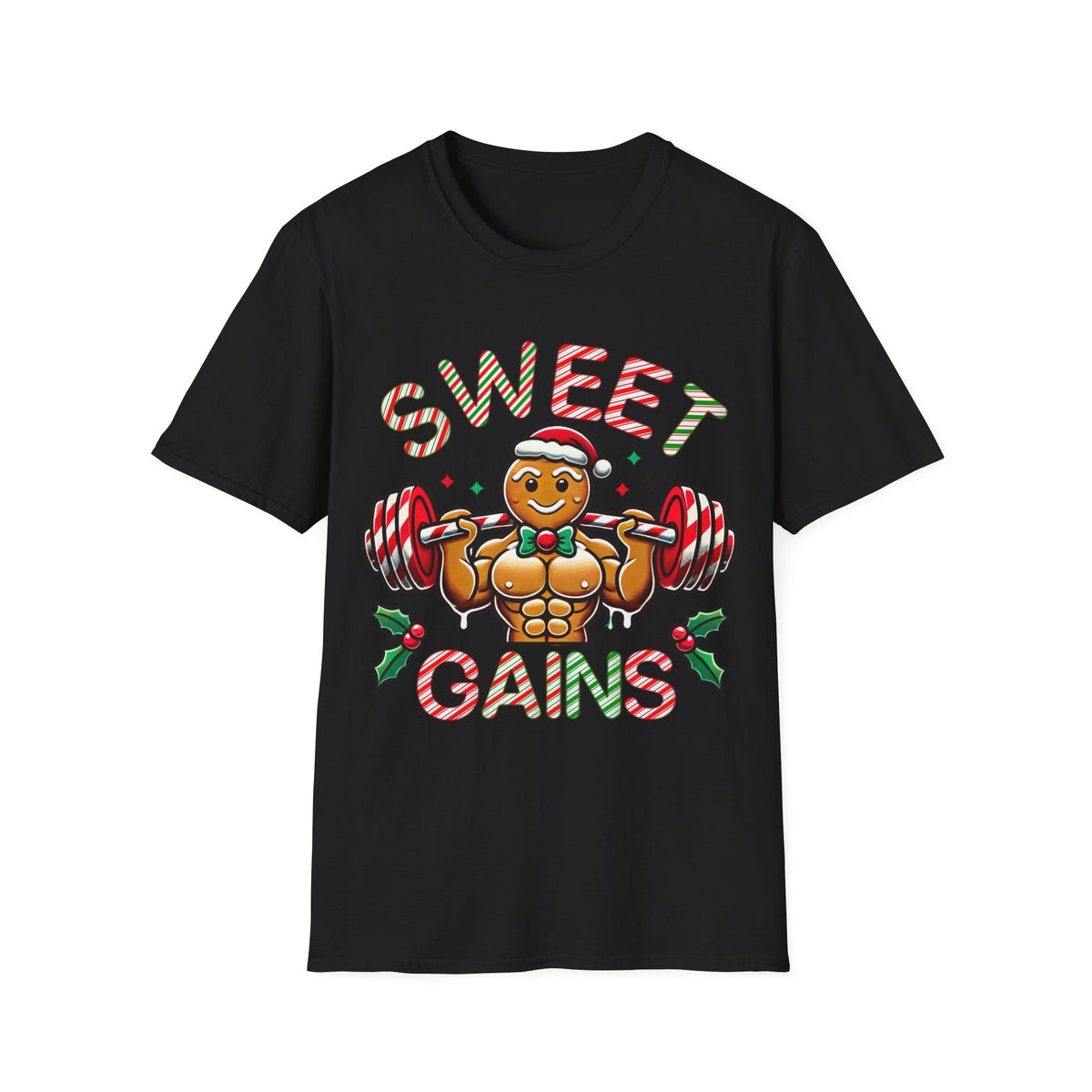 Sweet Gains Gingerbread  Gym Workout Shirt | Funny Christmas Gingerbread Shirt | Gym Rat Gift | Unisex Soft Style T-Shirt