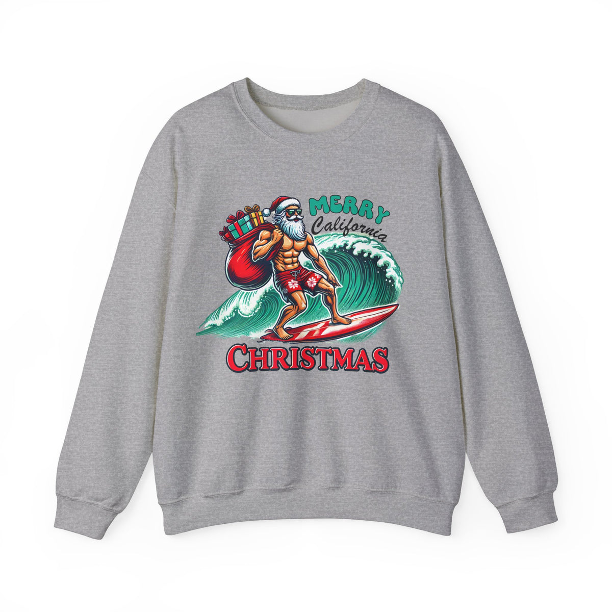 Funny California Christmas Sweatshirt | Surfing Santa Shirt | Gift for Beach Bum | Unisex Crewneck Sweatshirt