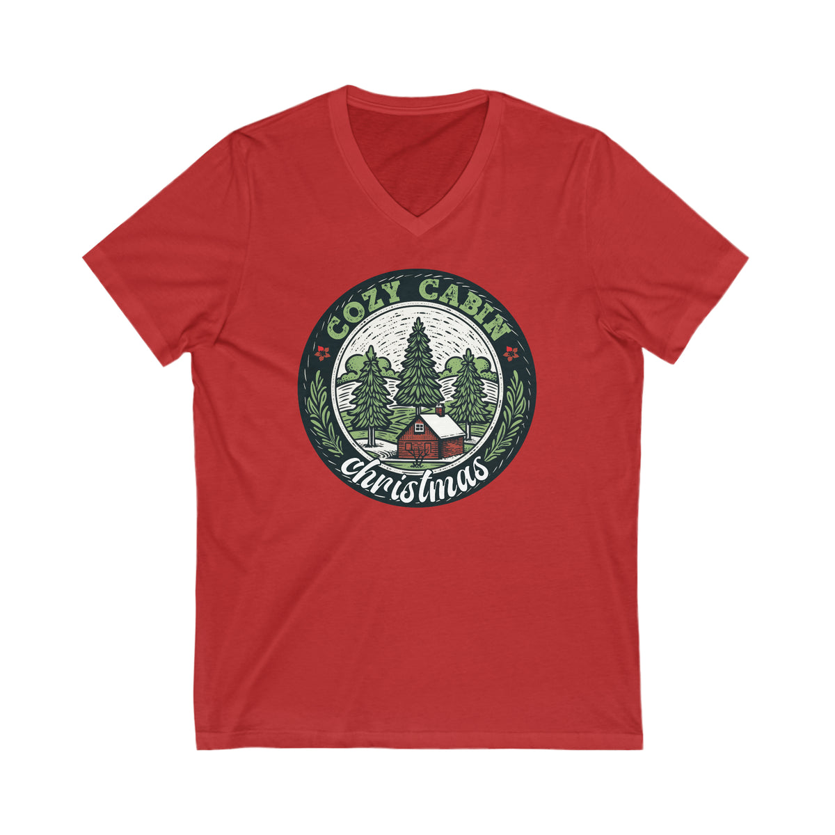 Cozy Cabin Christmas Tree Shirt | Vintage Christmas Gift For Her | Unisex Jersey V-neck T-shirt