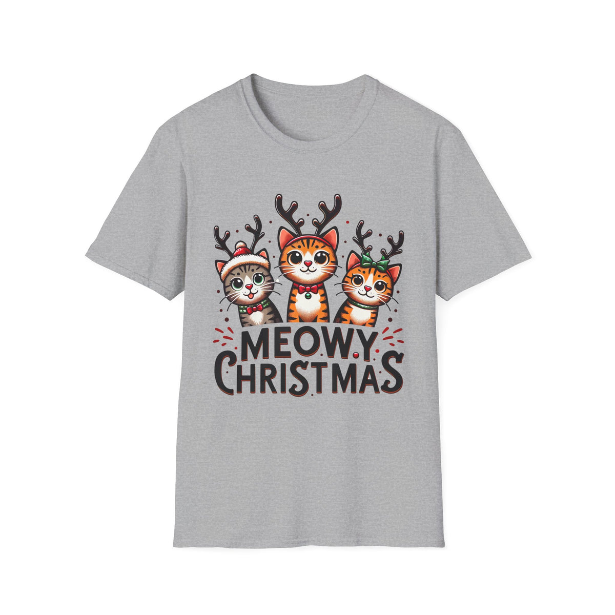 Meowy Christmas Funny Cat Shirt | Cat Lover Gift |  Cute Reindeer Shirt |  Merry Christmas Gift | Unisex Soft Style T-shirt