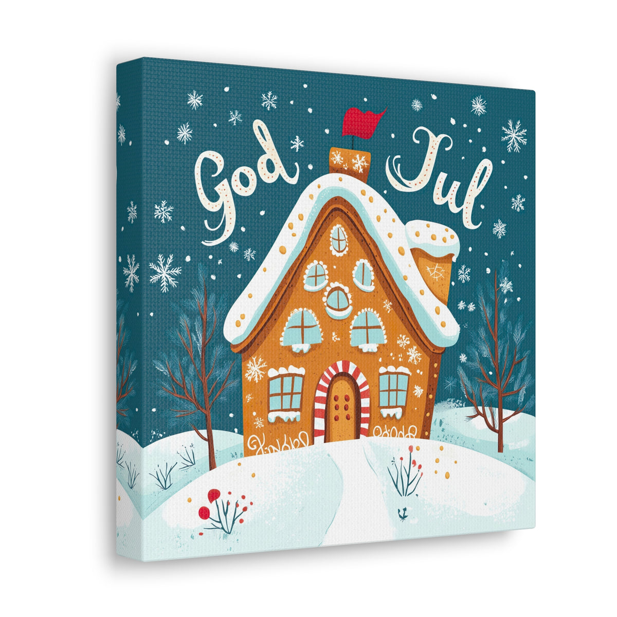 God Jul Scandinavian Christmas Gingerbread House Wall Art | Nordic Christmas Gift Home Decor | Square Canvas Gallery Art