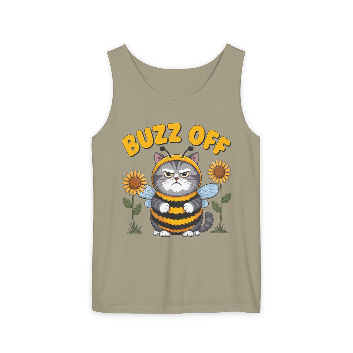 Buzz Off Funny Cat Meme Shirt | Cat Lover Introvert Shirt | Cute Bee Antisocial Shirt | Unisex Garment-Dyed Tank Top