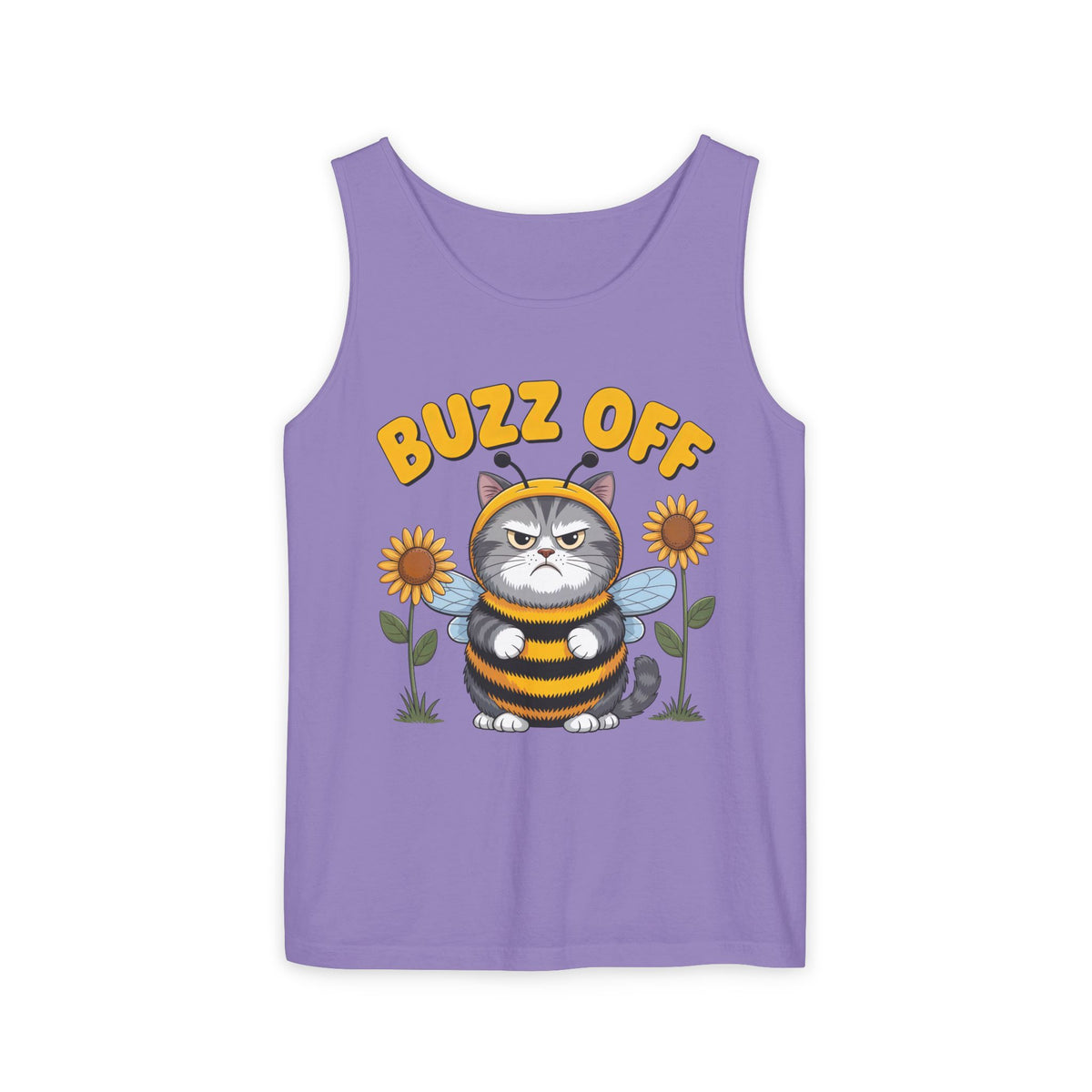 Buzz Off Funny Cat Meme Shirt | Cat Lover Introvert Shirt | Cute Bee Antisocial Shirt | Unisex Garment-Dyed Tank Top