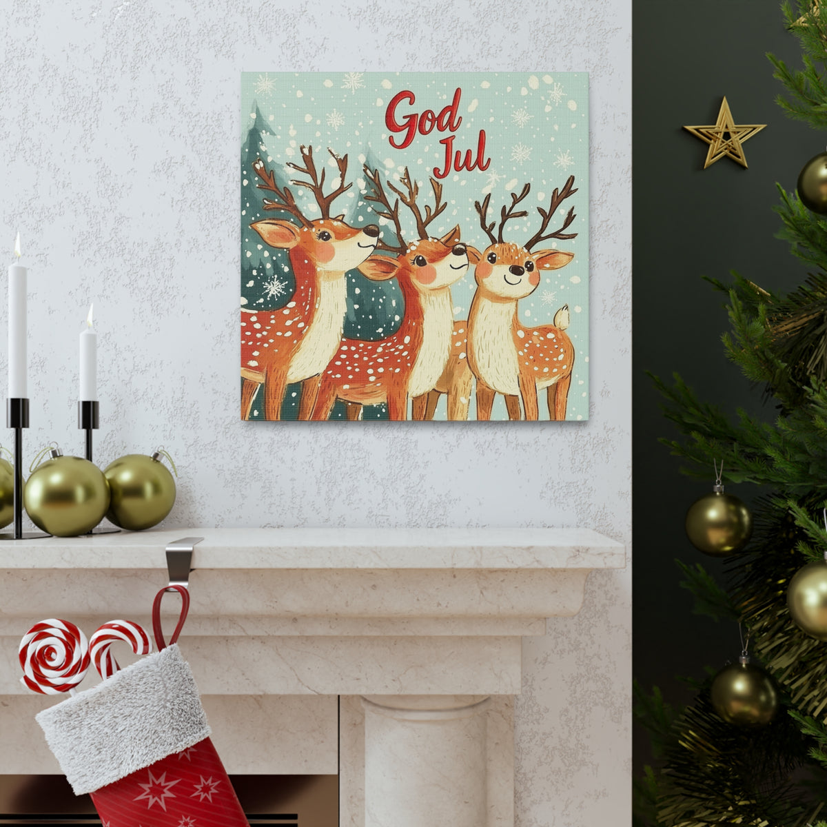 God Jul Scandinavian Christmas Reindeer Wall Art | Nordic Christmas Gift Home Decor  | Farmhouse Wall Art | Square Canvas Gallery Art