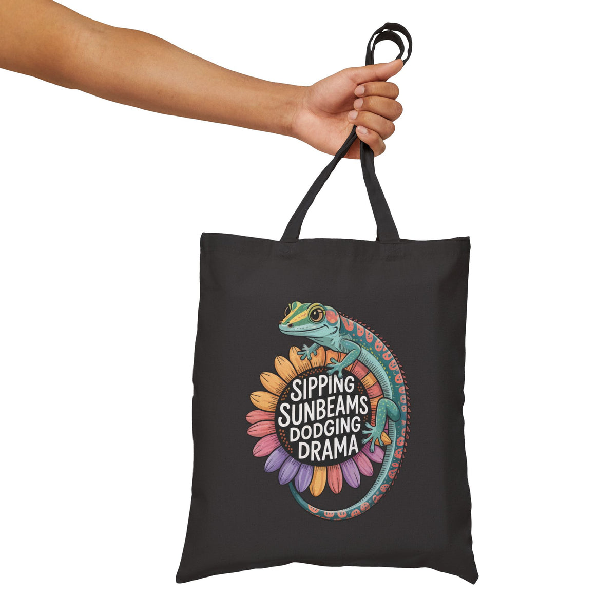 Sipping Sunbeams Cute Gecko Sunflower Tote | Positive Vibes Summer Gift Bag | Cotton Canvas Tote Bag