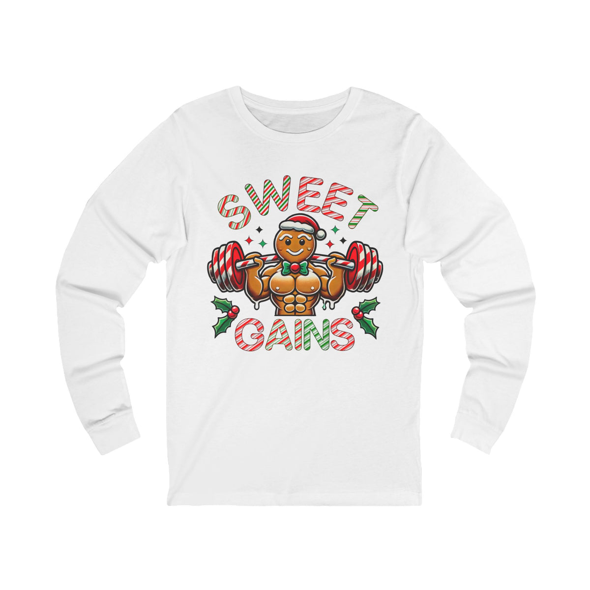 Sweet Gains Gingerbread  Gym Workout Shirt | Funny Christmas Gingerbread Shirt | Gym Rat Gift | Unisex Jersey Long Sleeve T-shirt