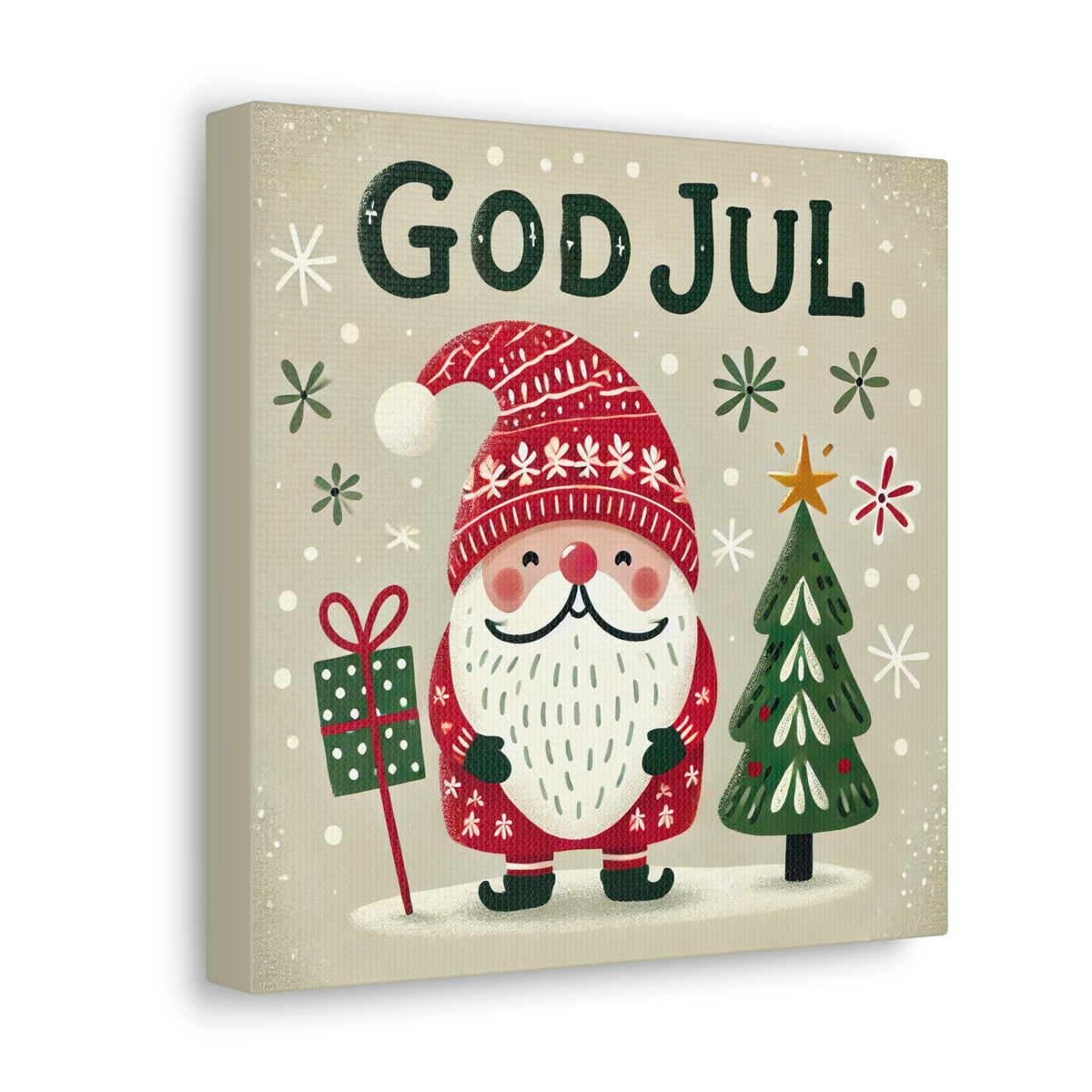 God Jul Scandinavian Christmas Gnome Wall Art | Nordic Christmas Gift Home Decor  | Farmhouse Wall Art | Square Canvas Gallery Art