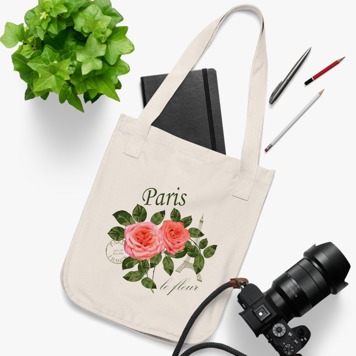 Paris France Vintage Rose Tote Bag | World Traveler Gardening Gift | Natural Canvas Tote Bag