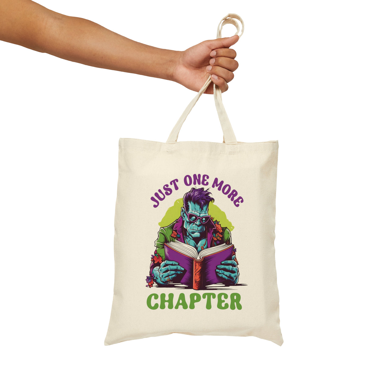Just One More Chapter Frankenstein Tote | Halloween Book Bag | Book Lover Tote Bag | Book Lover Gift | Cotton Canvas Tote Bag
