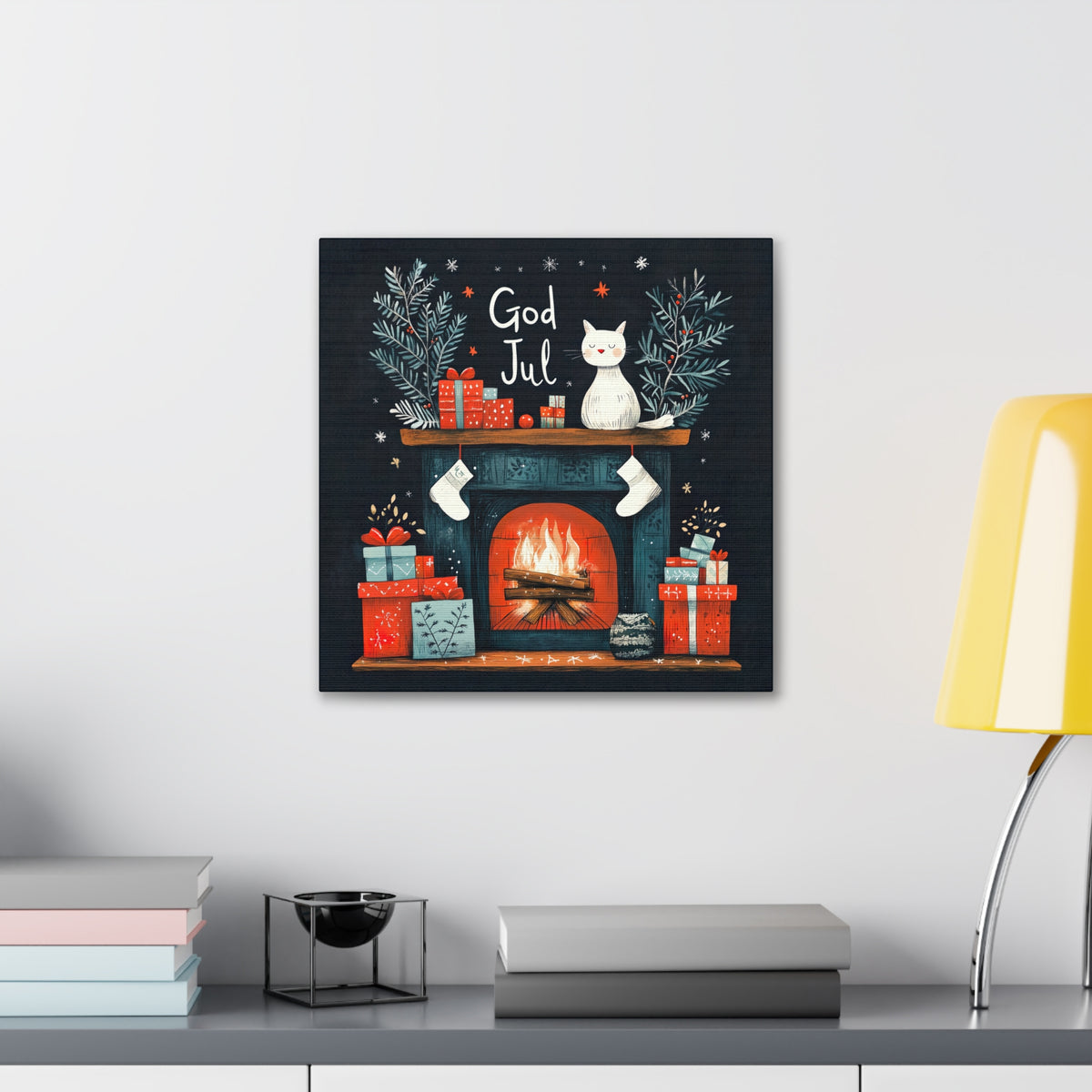 God Jul Scandinavian Christmas Cat Wall Art | Nordic Christmas Gift Home Decor | Farmhouse Wall Art | Square Canvas Gallery Art