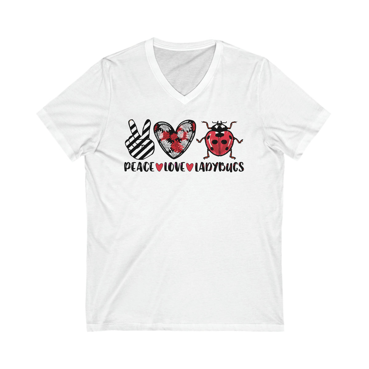 Peace Love Ladybug Gifts,  Insect Shirt, Lady Bug Nature Shirt, Unisex Jersey V-neck T-shirt