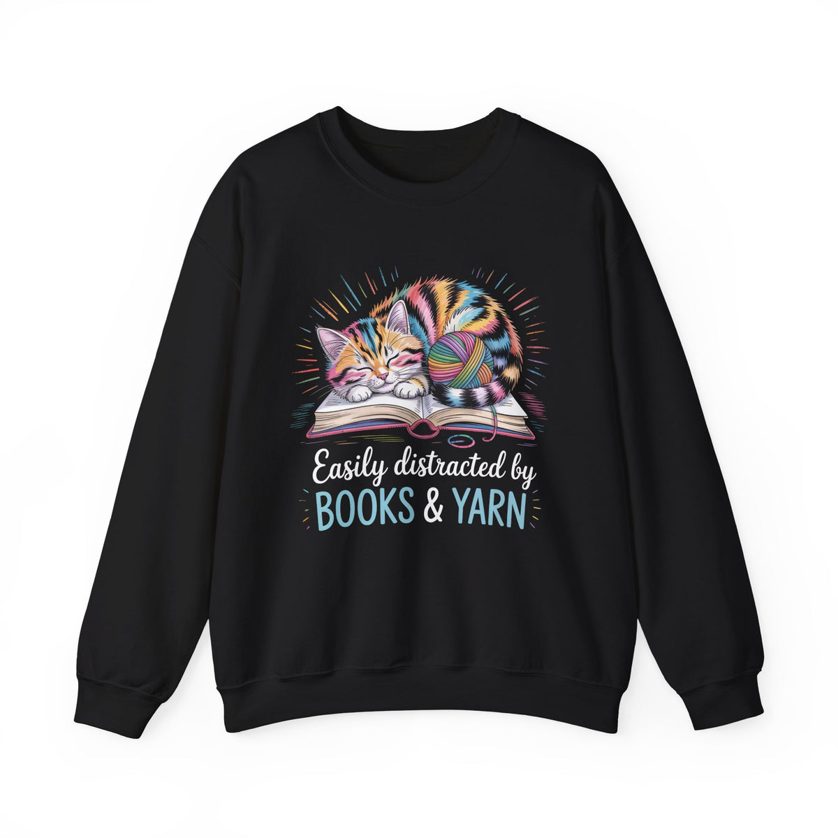 Easily Distracted by Books & Yarn Cat Shirt | Book Lover Gift | Cat Lover Knitting Shirt | Bookish Shirt | Unisex Crewneck Sweatshirt