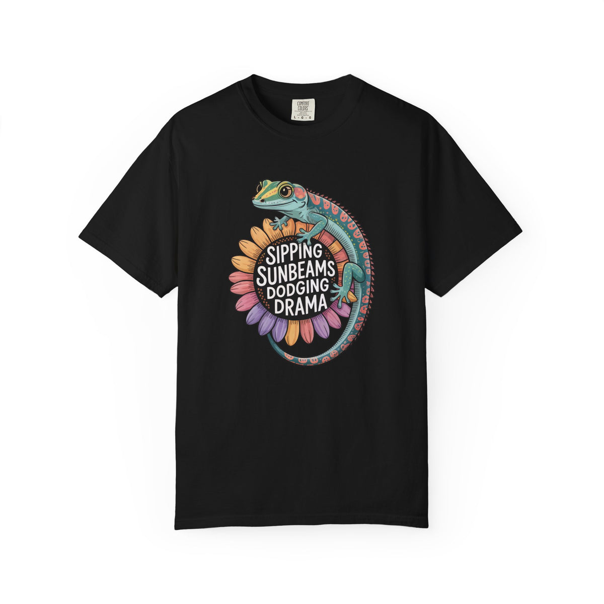 Sipping Sunbeams Cute Gecko Sunflower Shirt | Positive Vibes Summer Shirt | Unisex Garment-Dyed T-shirt