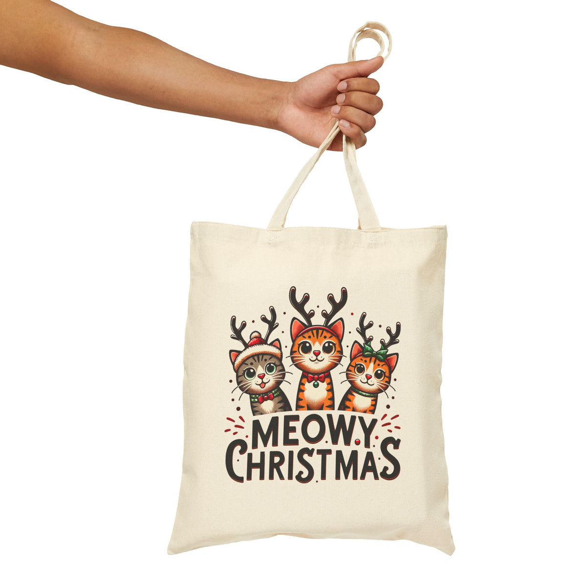 Meowy Christmas Funny Cat Tote Bag | Cat Lover Gift |  Cute Reindeer Tote |  Merry Christmas Gift Bag | Cotton Canvas Tote Bag