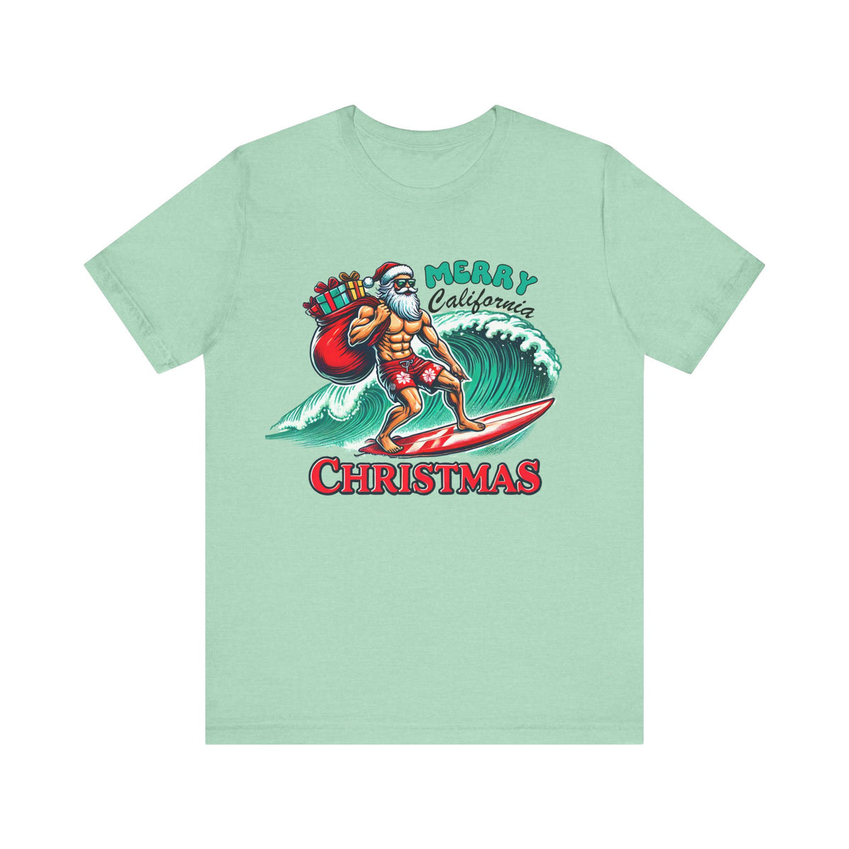 Funny California Christmas Shirt | Surfing Santa Shirt | Gift for Beach Bum | Unisex Jersey T-shirt