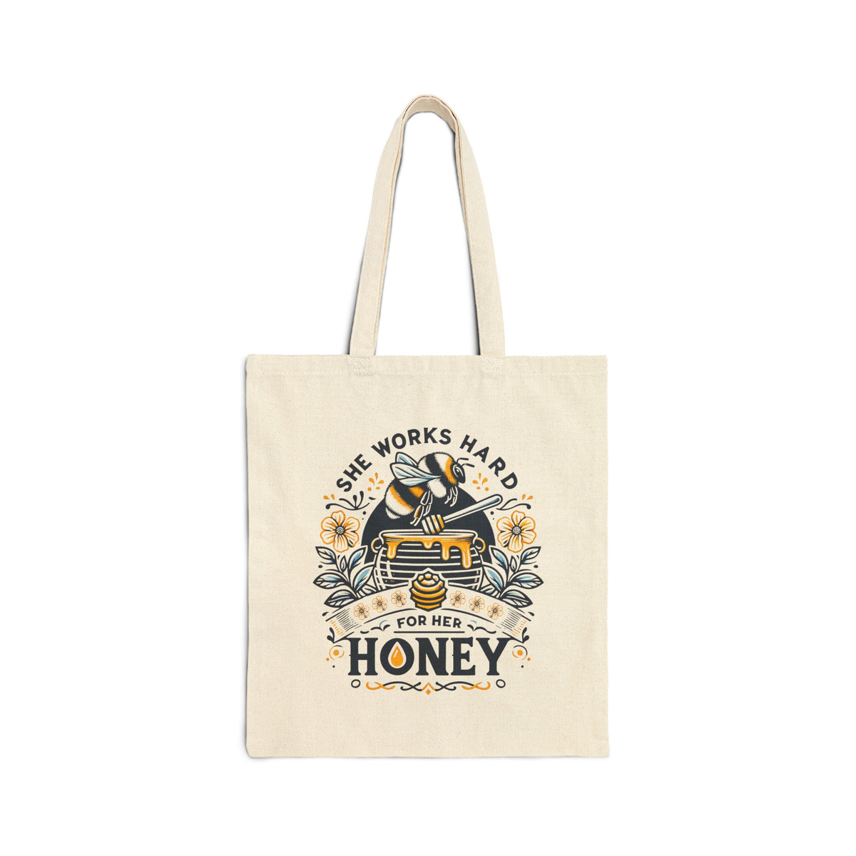 She Works Hard Honey Tote Bag | Honey Bee Gift | Cute Bee Lover Book Bag | Cotton Canvas Tote Bag