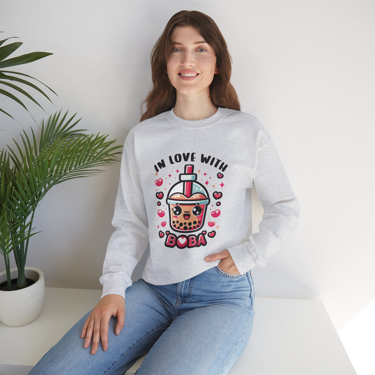 In Love With Boba Tea Lover Kawaii Shirt |  Cute Kawaii Valentine's Day Gift for Her | Unisex Crewneck Sweatshirt