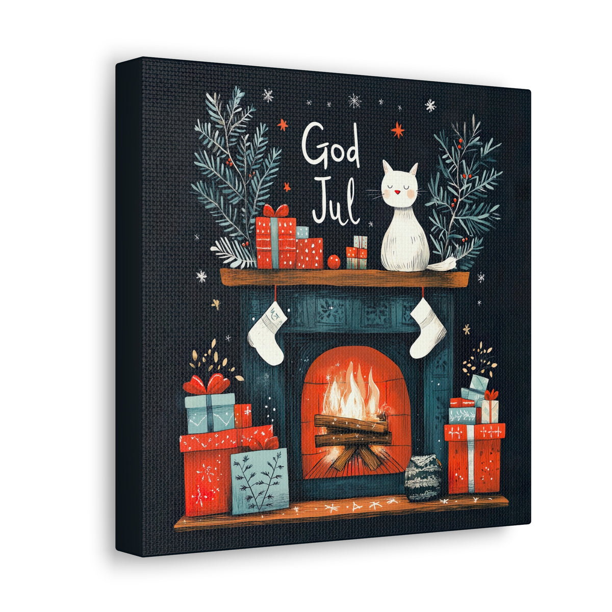 God Jul Scandinavian Christmas Cat Wall Art | Nordic Christmas Gift Home Decor | Farmhouse Wall Art | Square Canvas Gallery Art