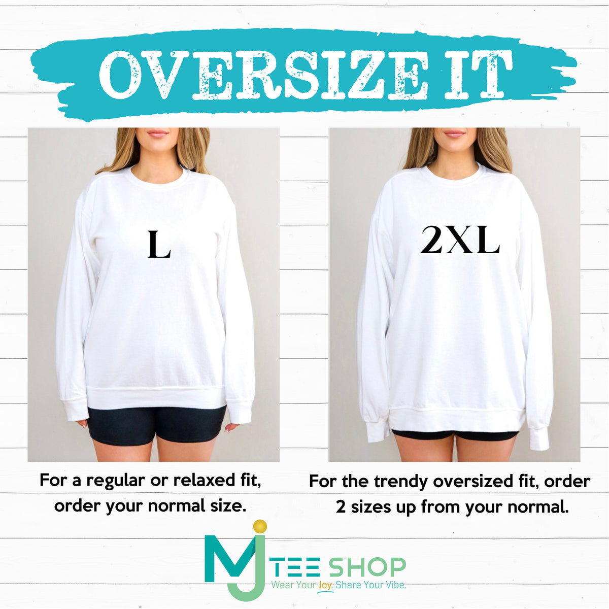 a woman wearing a white sweatshirt with the words oversize it and 2xl
