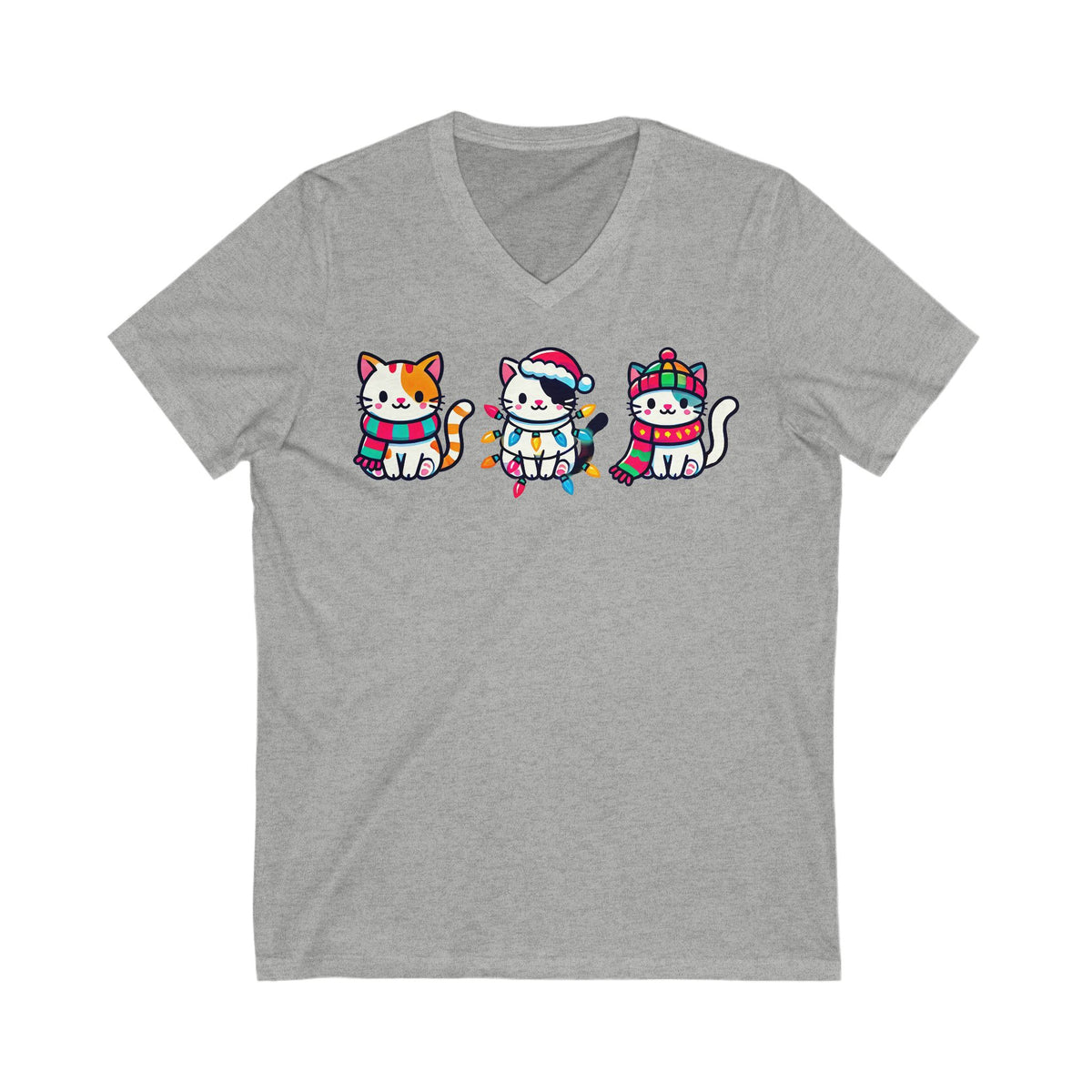 Cute Kawaii Cat Christmas Lights Shirt | Christmas Cat V-neck T-shirt | Cat Lover Gift For Her | Unisex Jersey V-neck T-shirt