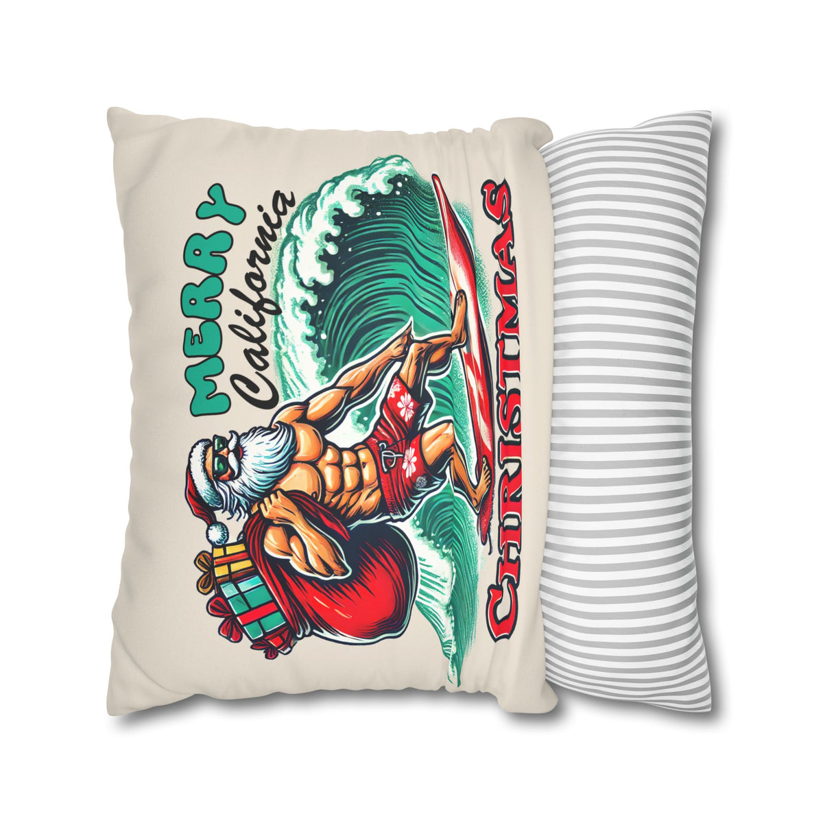 California Christmas Throw Pillow Cover | Surfing Santa Beach Decor | Beach Bum Gift | Christmas Home Decor | Faux Suede Pillow Case