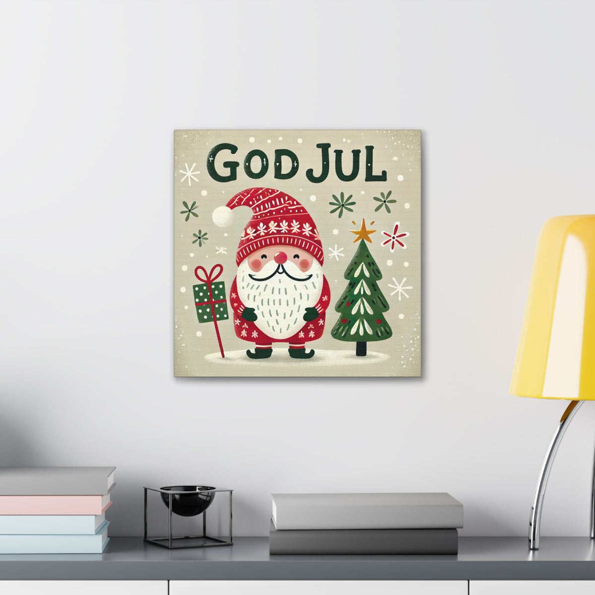 God Jul Scandinavian Christmas Gnome Wall Art | Nordic Christmas Gift Home Decor  | Farmhouse Wall Art | Square Canvas Gallery Art