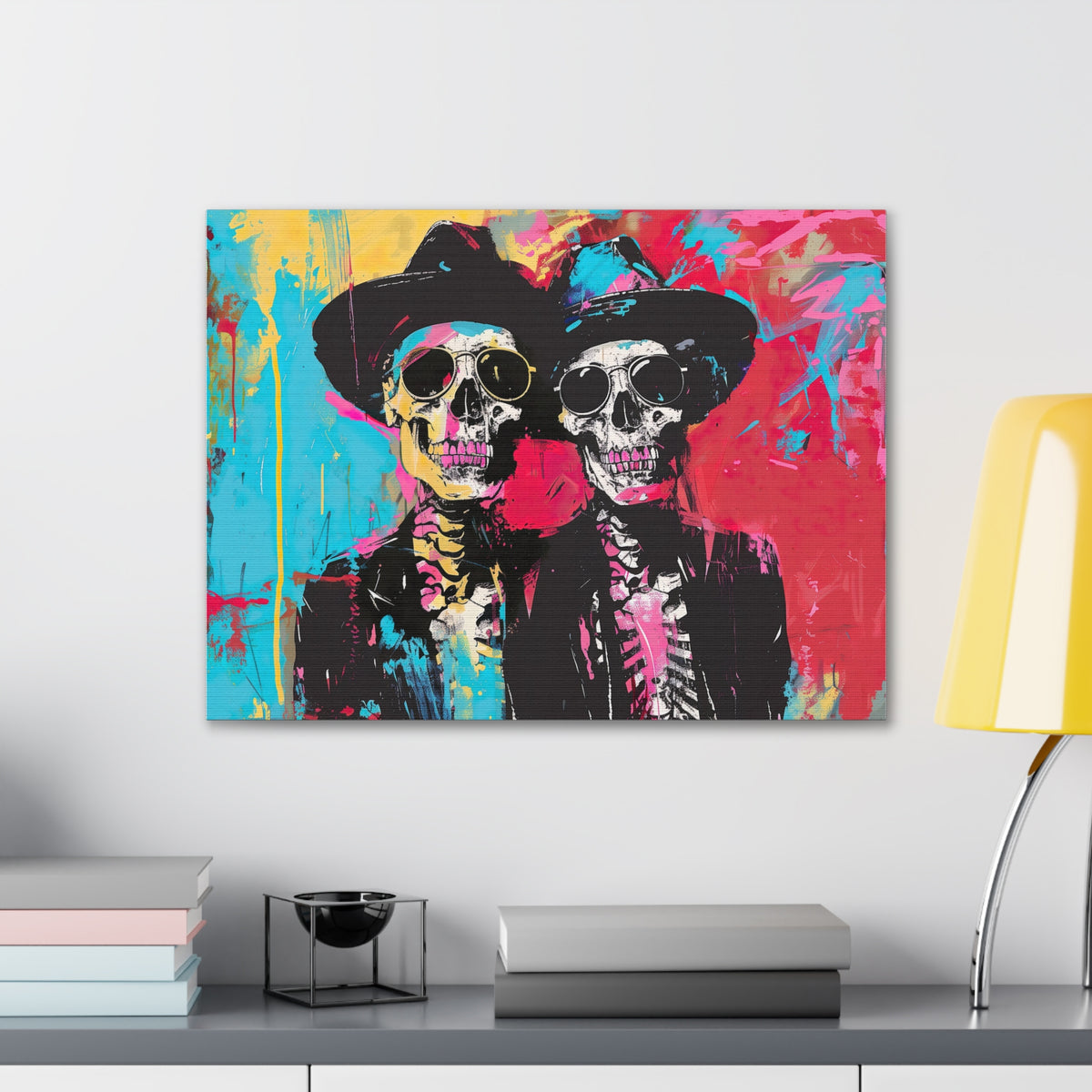 Neon Urban Art Halloween Skeleton Wall Art | Expressionist Art Canvas Gallery Wrap | Halloween Home Decor