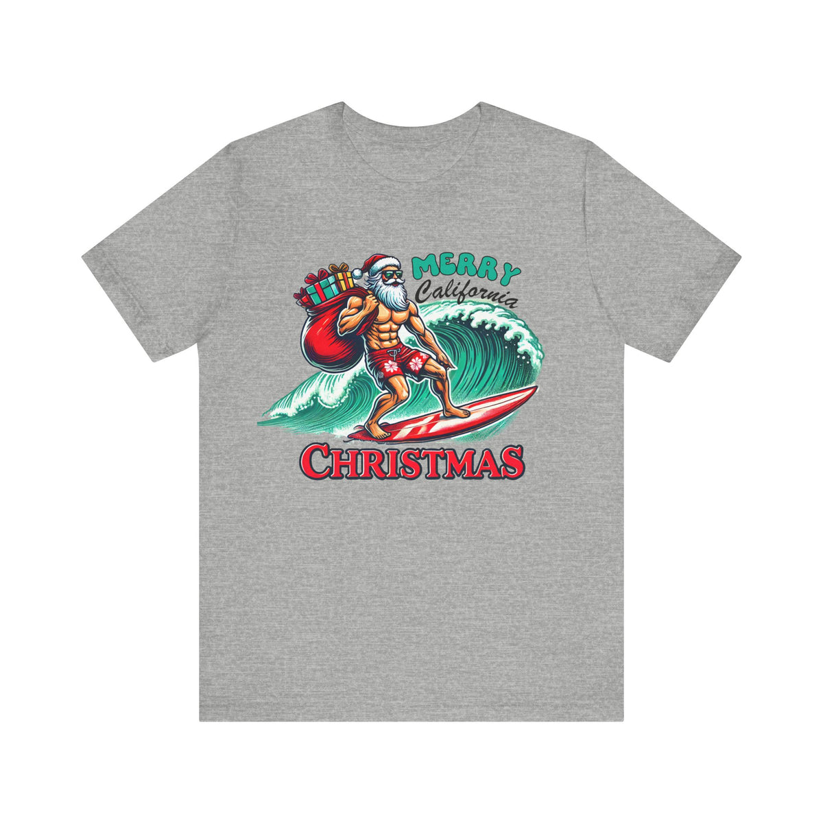 Funny California Christmas Shirt | Surfing Santa Shirt | Gift for Beach Bum | Unisex Jersey T-shirt