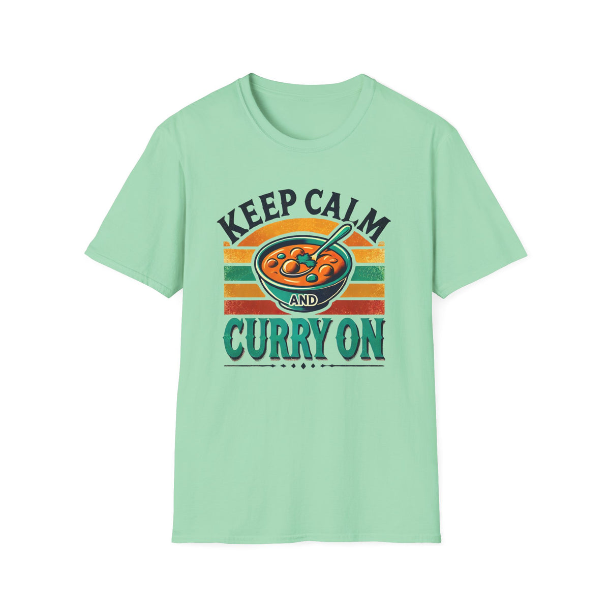 Keep Calm Curry On Indian Funny Foodie Shirt | Indian Food Shirt | Funny Indian Gift | Unisex Soft style T-Shirt