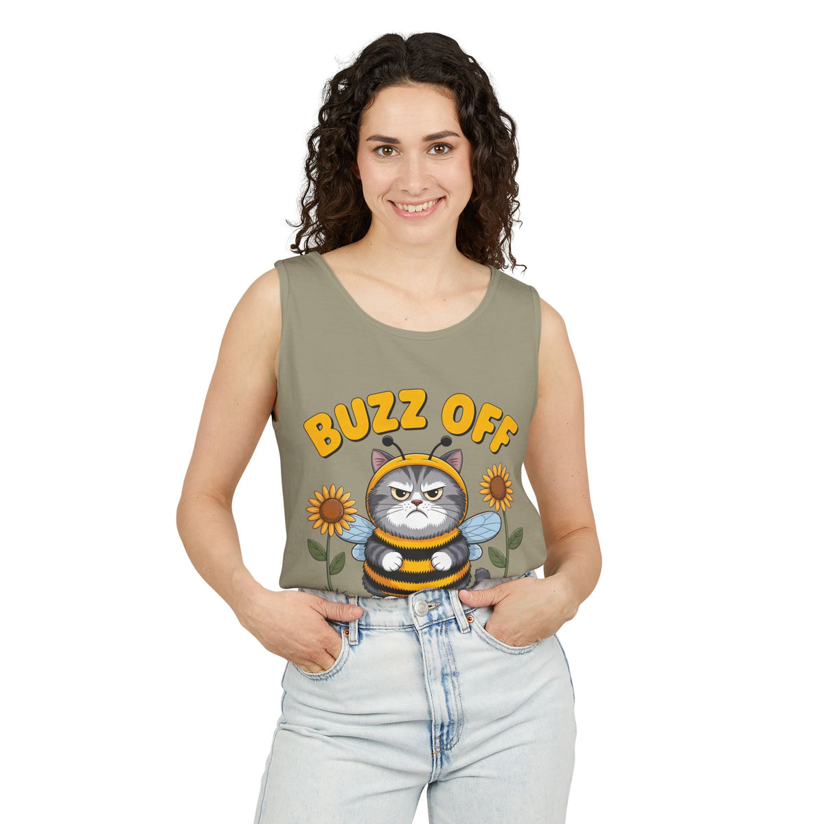 Buzz Off Funny Cat Meme Shirt | Cat Lover Introvert Shirt | Cute Bee Antisocial Shirt | Unisex Garment-Dyed Tank Top