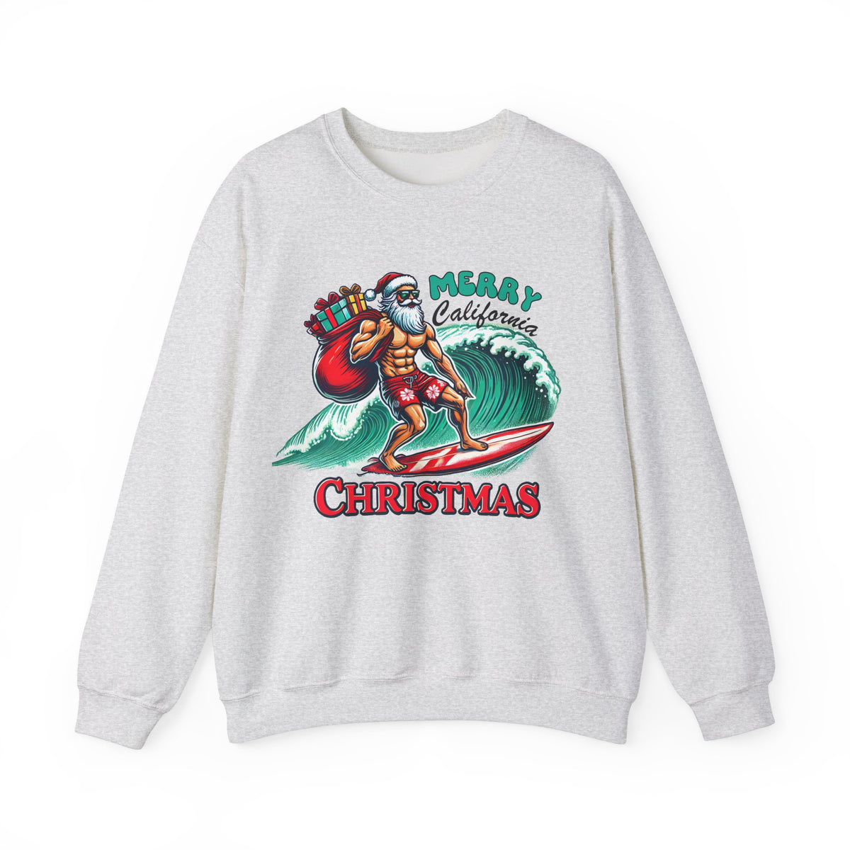 Funny California Christmas Sweatshirt | Surfing Santa Shirt | Gift for Beach Bum | Unisex Crewneck Sweatshirt