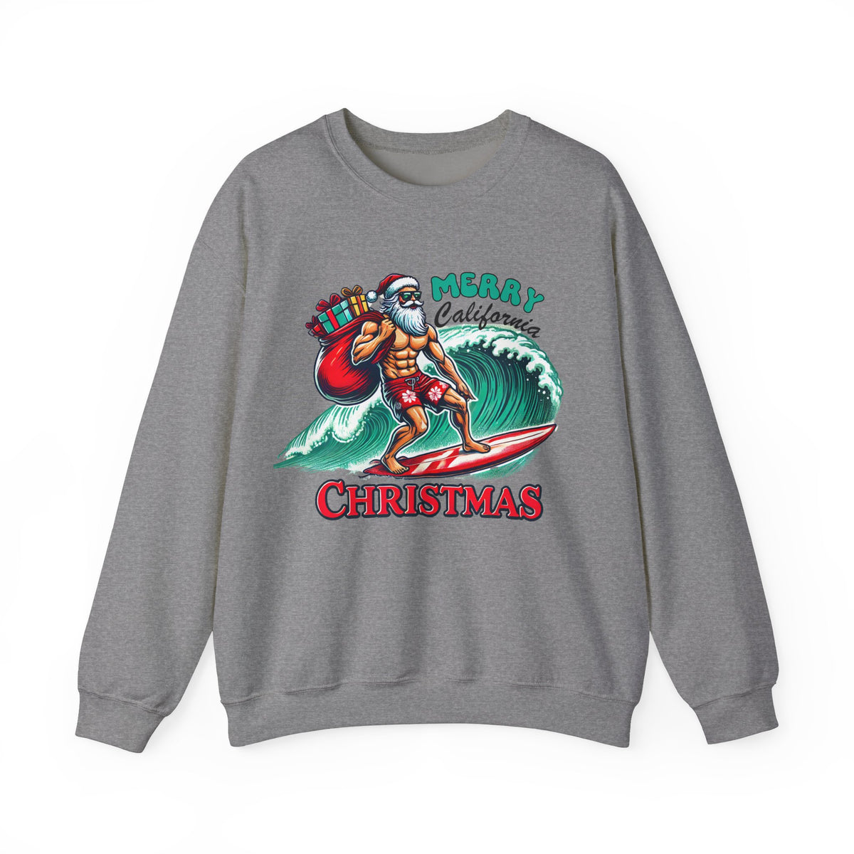 Funny California Christmas Sweatshirt | Surfing Santa Shirt | Gift for Beach Bum | Unisex Crewneck Sweatshirt