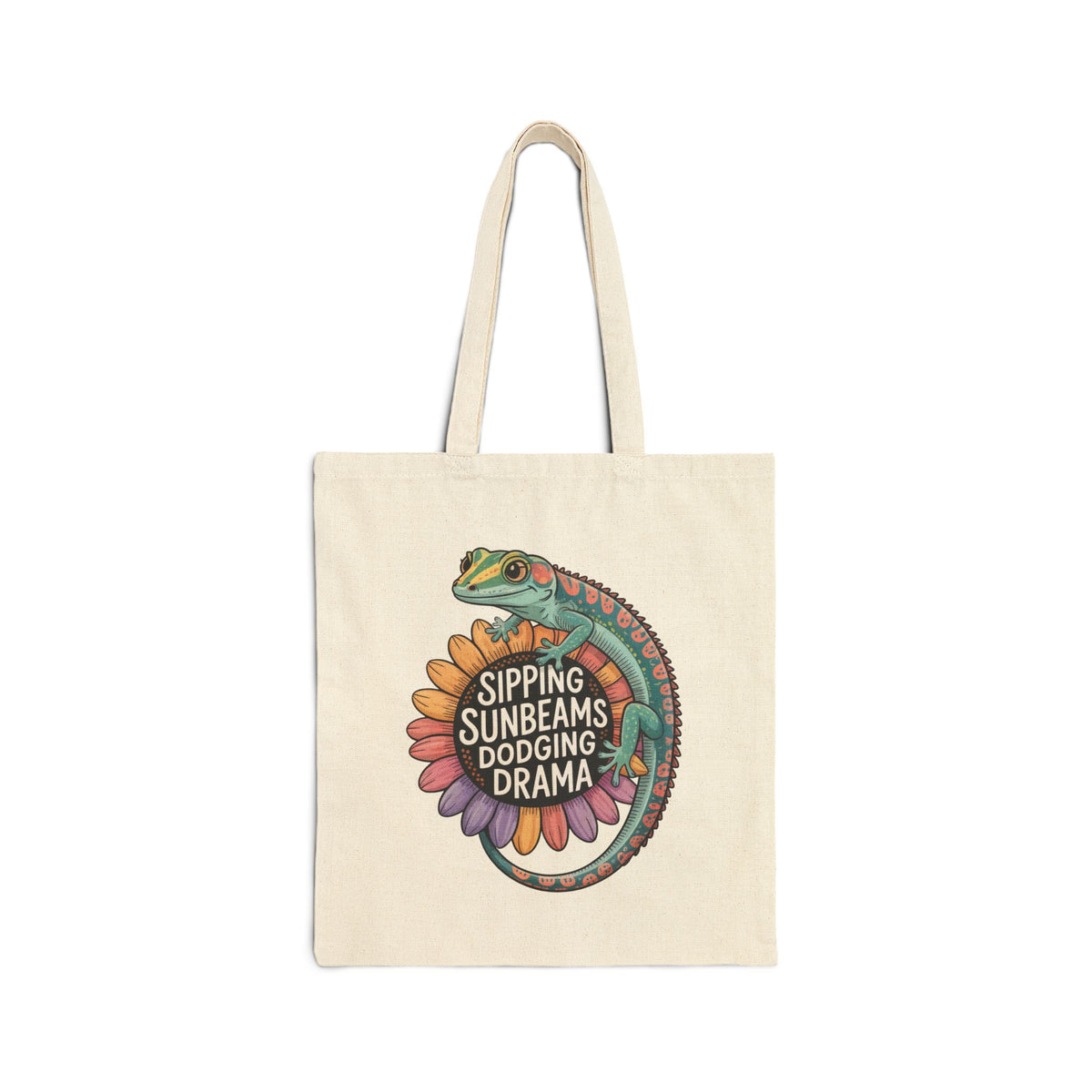 Sipping Sunbeams Cute Gecko Sunflower Tote | Positive Vibes Summer Gift Bag | Cotton Canvas Tote Bag