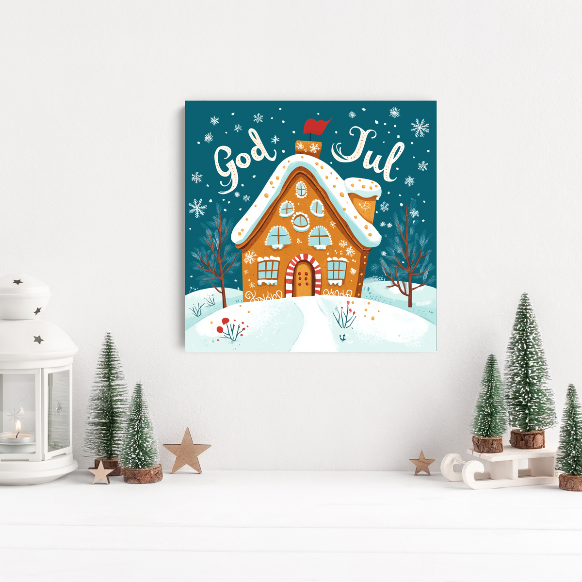 God Jul Scandinavian Christmas Gingerbread House Wall Art