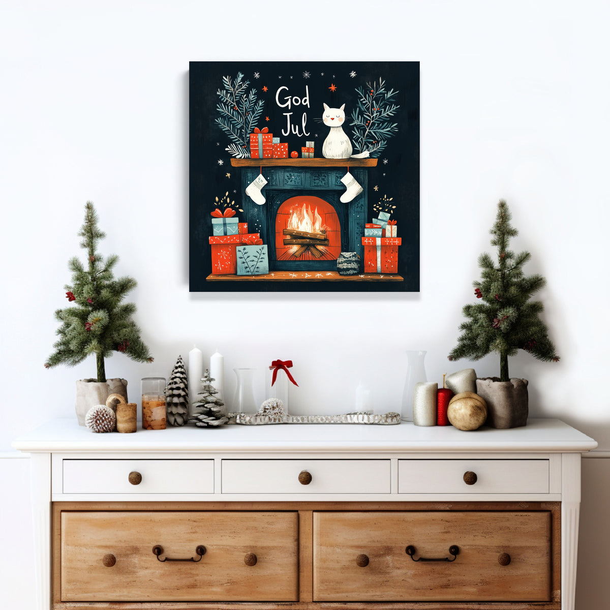 God Jul Scandinavian Christmas Cat Wall Art 