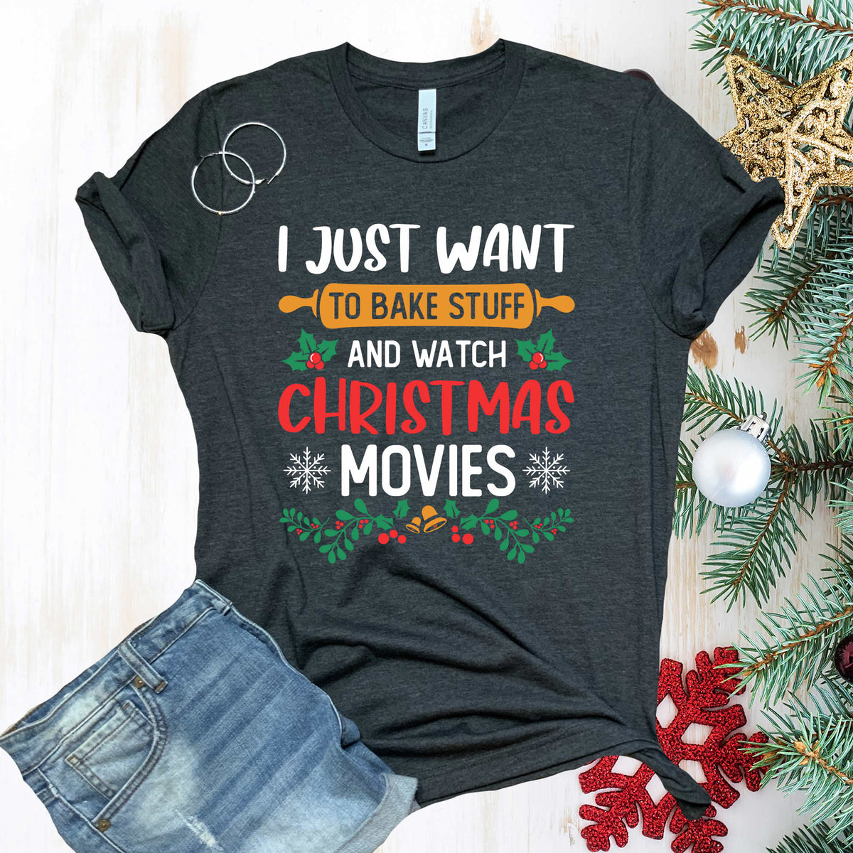 Bake Stuff Christmas Movies Funny Baking Shirt  | Dark Grey Heather Unisex Jersey T-shirt