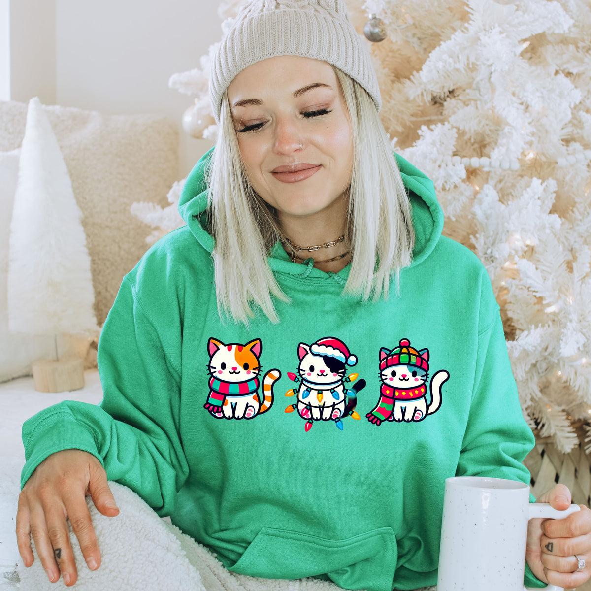 Cute Kawaii Cat Christmas Lights Shirt | Heather Irish Green Hoodie