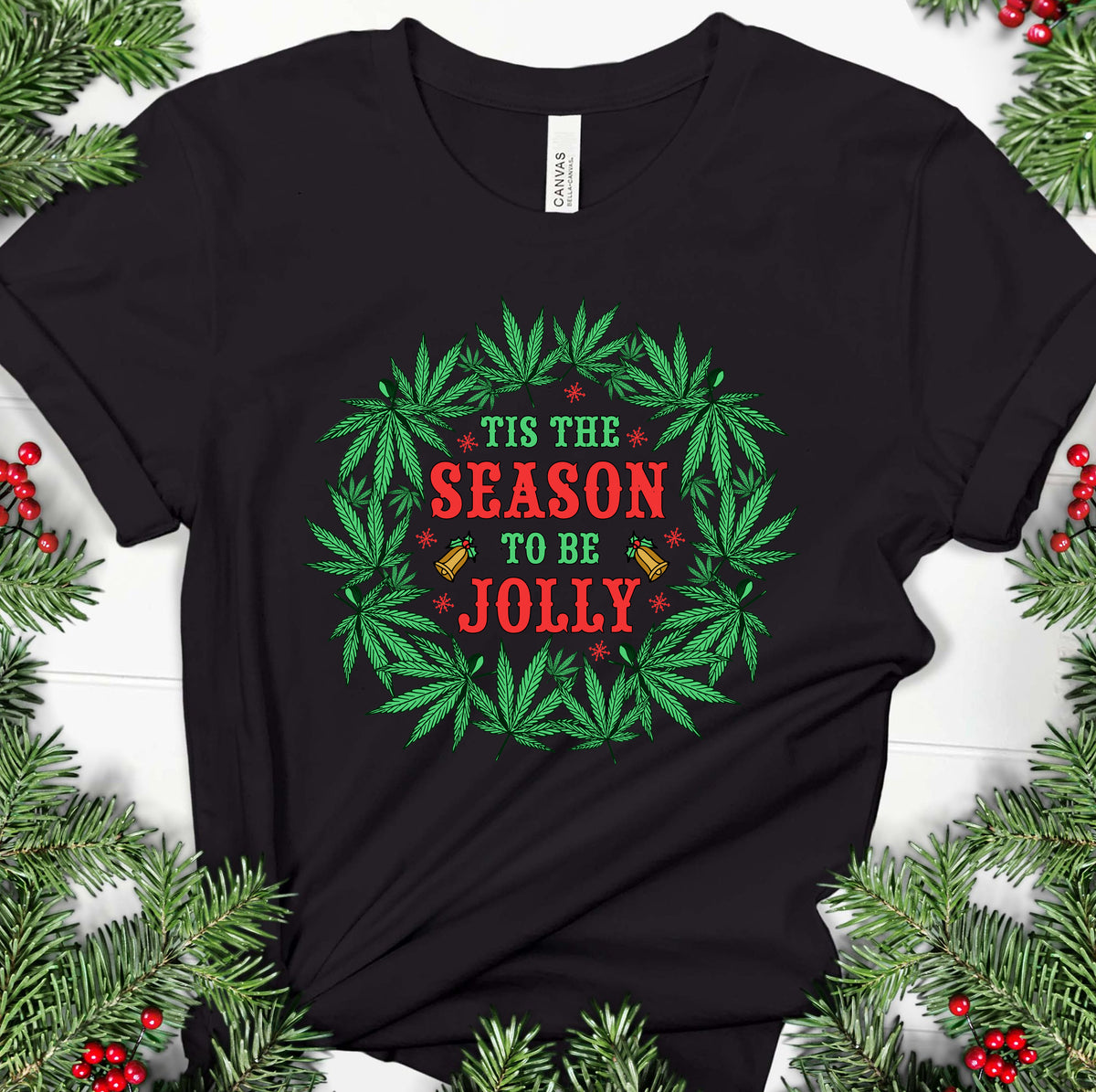 Tis The Season Christmas Wreath Weed Shirt  Black Unisex Jersey Tshirt