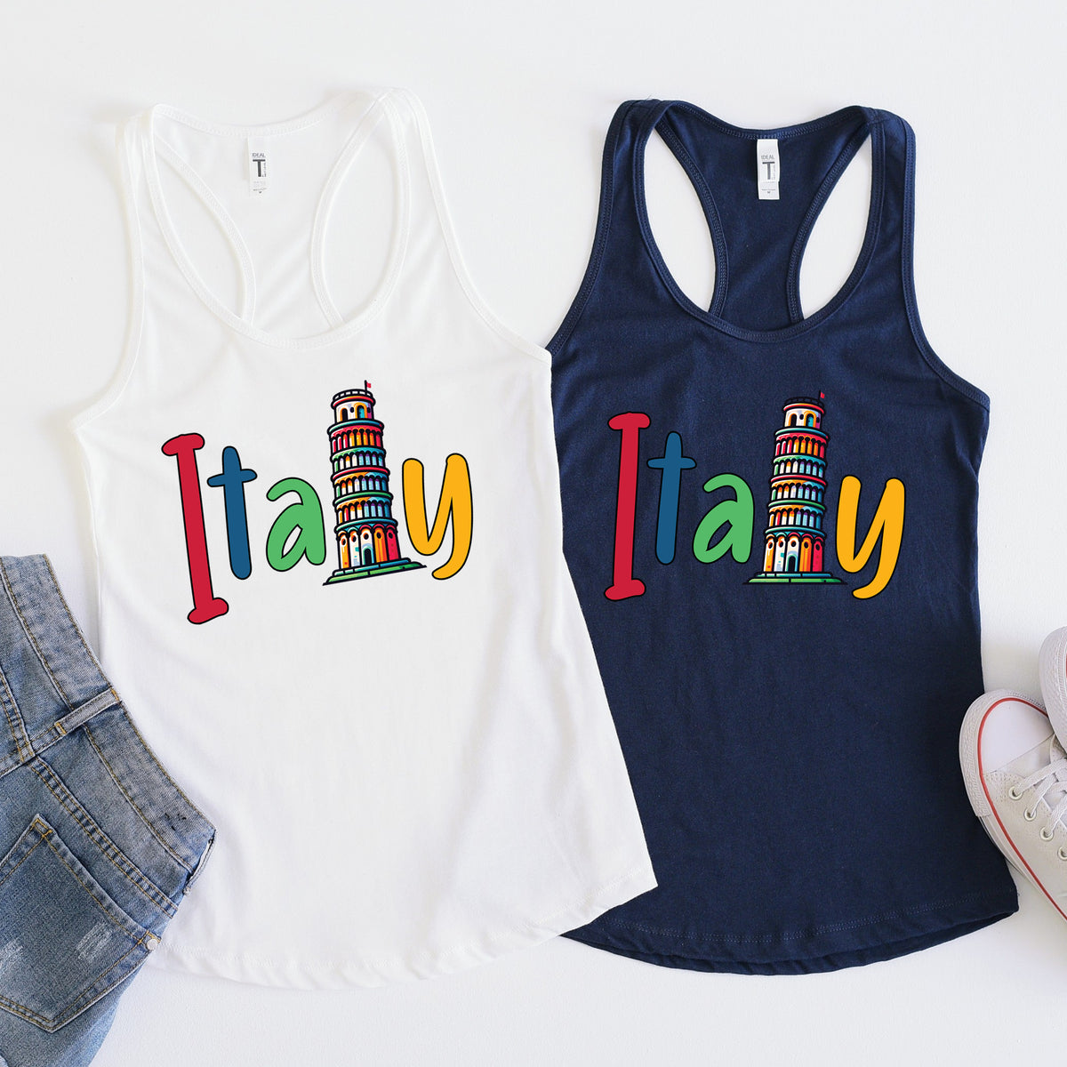 Cute Italy Trip shirt | Italy Vacation Shirt  | White and Navy Blue Racerback Tank Tops