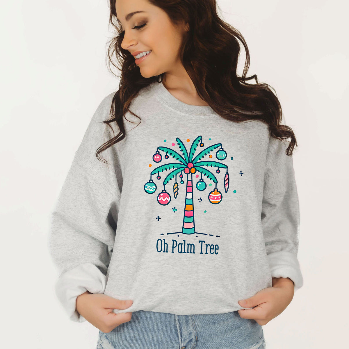 Oh Palm Tree Funny Christmas Tree Shirt  | Ash Sweatshirt