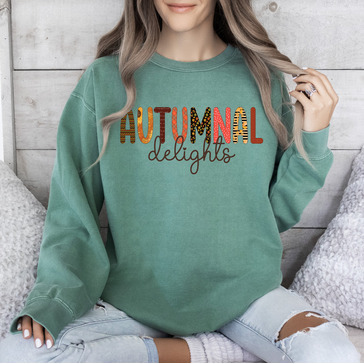 Autumnal Delights Fall Sweatshirt | Comfort Colors Light Green Sweatshirt