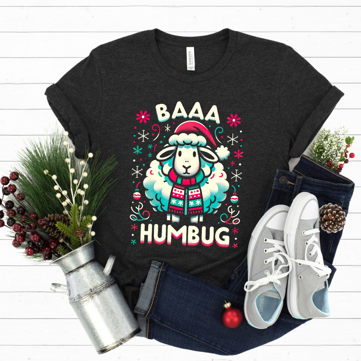 Baaa Humbug Cute Sheep Christmas Shirt | Dark Grey Heather Unisex Jersey T-shirt