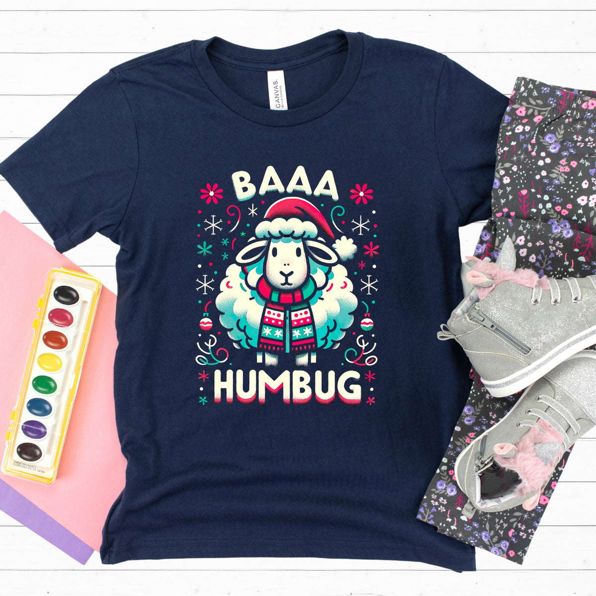 Baaa Humbug Cute Sheep Christmas Sweatshirt  | Navy Blue Youth T-shirt