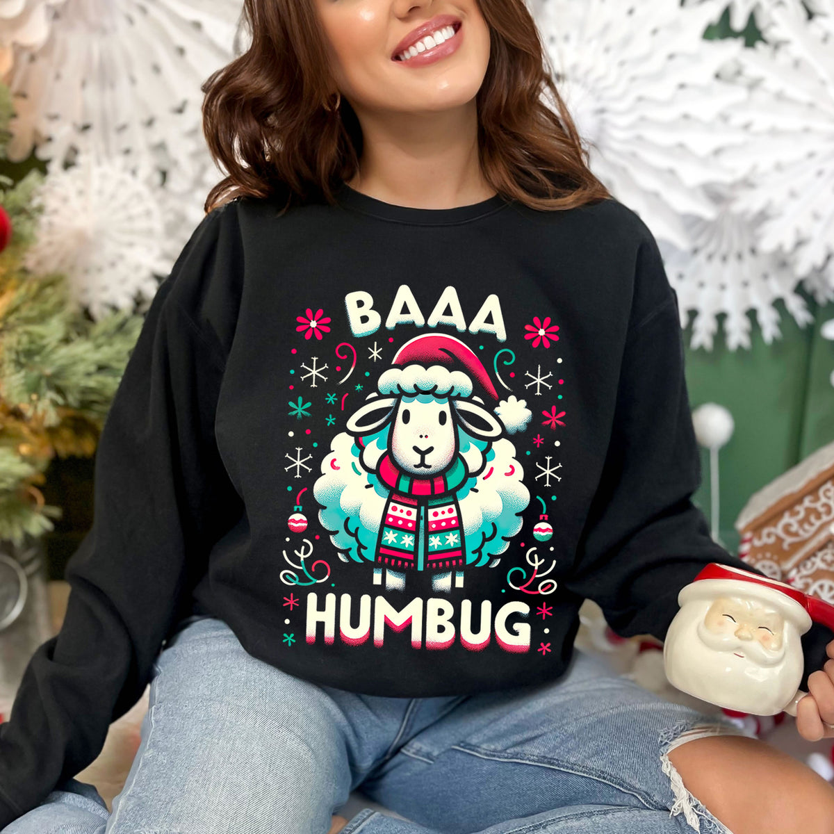 Baaa Humbug Cute Sheep Christmas Sweatshirt  | Black Unisex Crewneck Sweatshirt